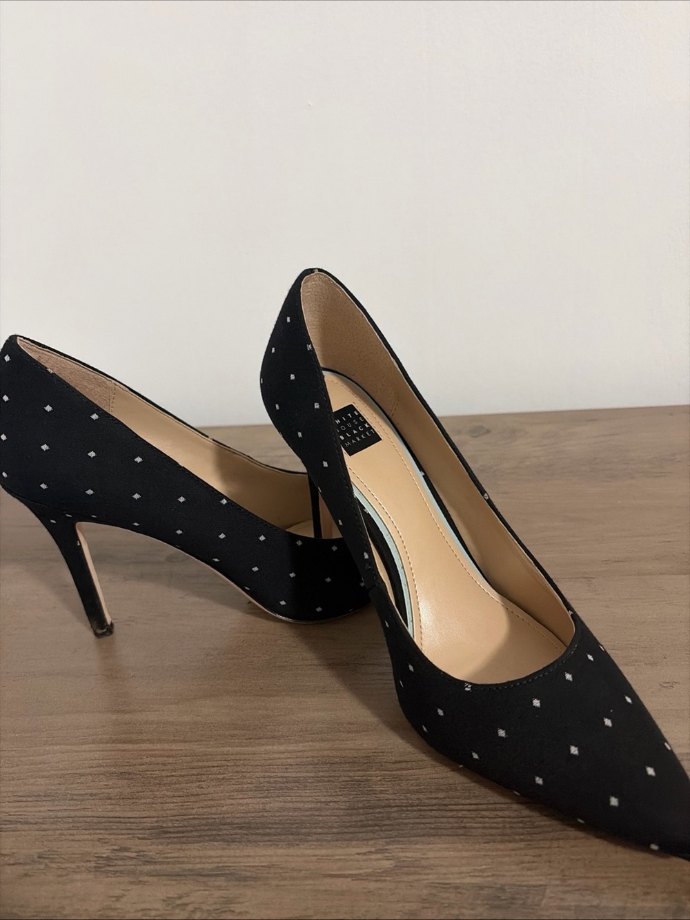 White House Black Market Black Pointed Toe Pumps with Silver Dot Detail